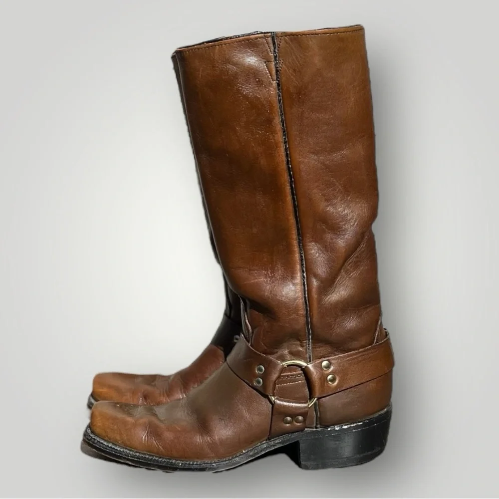 🌻VINTAGE ACME Western Cowboy Brown Leather Square Toe Harness Boots Size 9